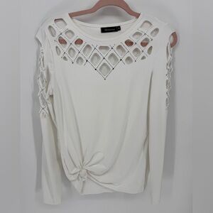 Memorose Long Sleeve Rhinestone Cutout Front Tied Shirt